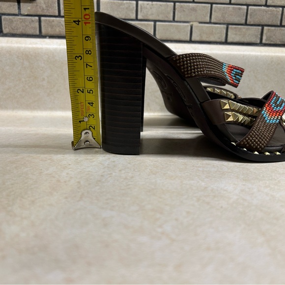 ASH Gold Studded/beaded Brown Leather Block Heels Strappy Sandals Sz 6.5 New - Picture 10 of 15